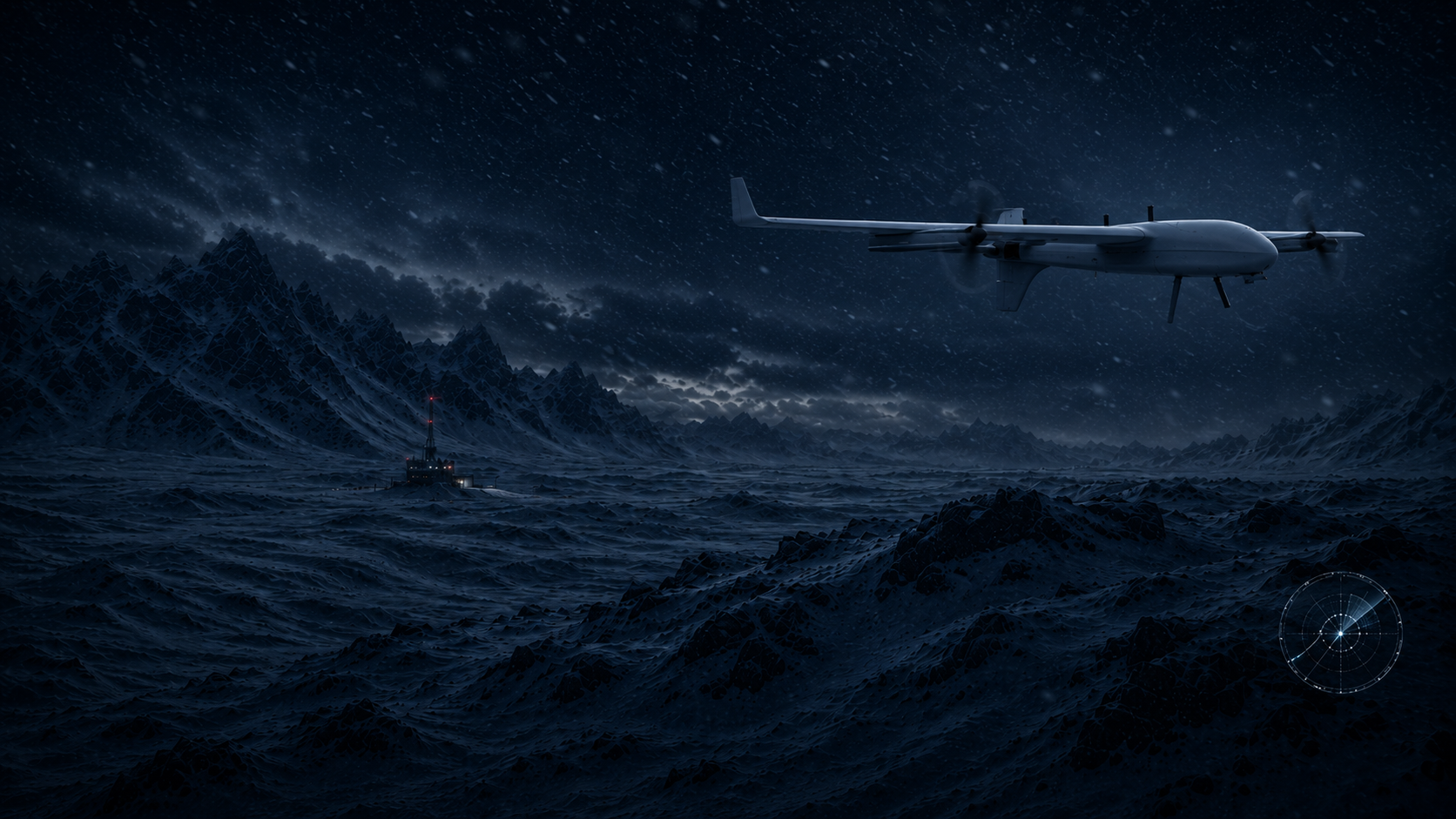 Long-range drone corridor over snow-covered mountains